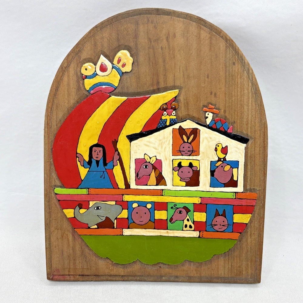 Vintage Wooden Noahs Ark Hand Painted Folk Art Bible Rustic Colorful Christian